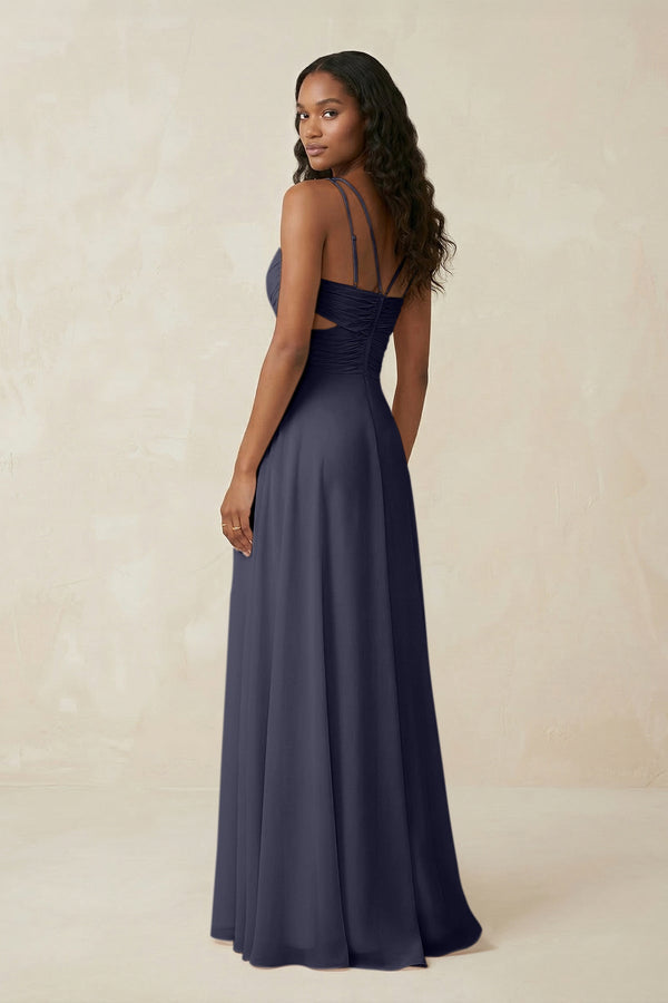 V - Neck Chiffon A - Line Cut - Out Bridesmaid Dress in Dusk Blue - SHE IS ME Bridesmaid Dresses