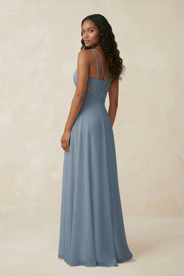 V-Neck Chiffon A-Line Cut-Out Bridesmaid Dress in Dusty Blue (2) | KISSBRIDAL
