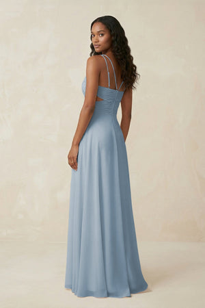 V - Neck Chiffon A - Line Cut - Out Bridesmaid Dress in Dusty Blue - SHE IS ME Bridesmaid Dresses