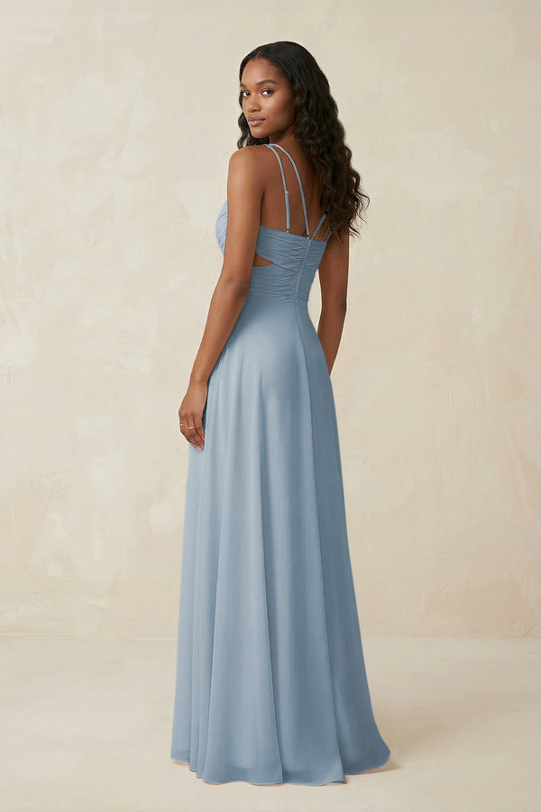 V - Neck Chiffon A - Line Cut - Out Bridesmaid Dress in Dusty Blue - SHE IS ME Bridesmaid Dresses