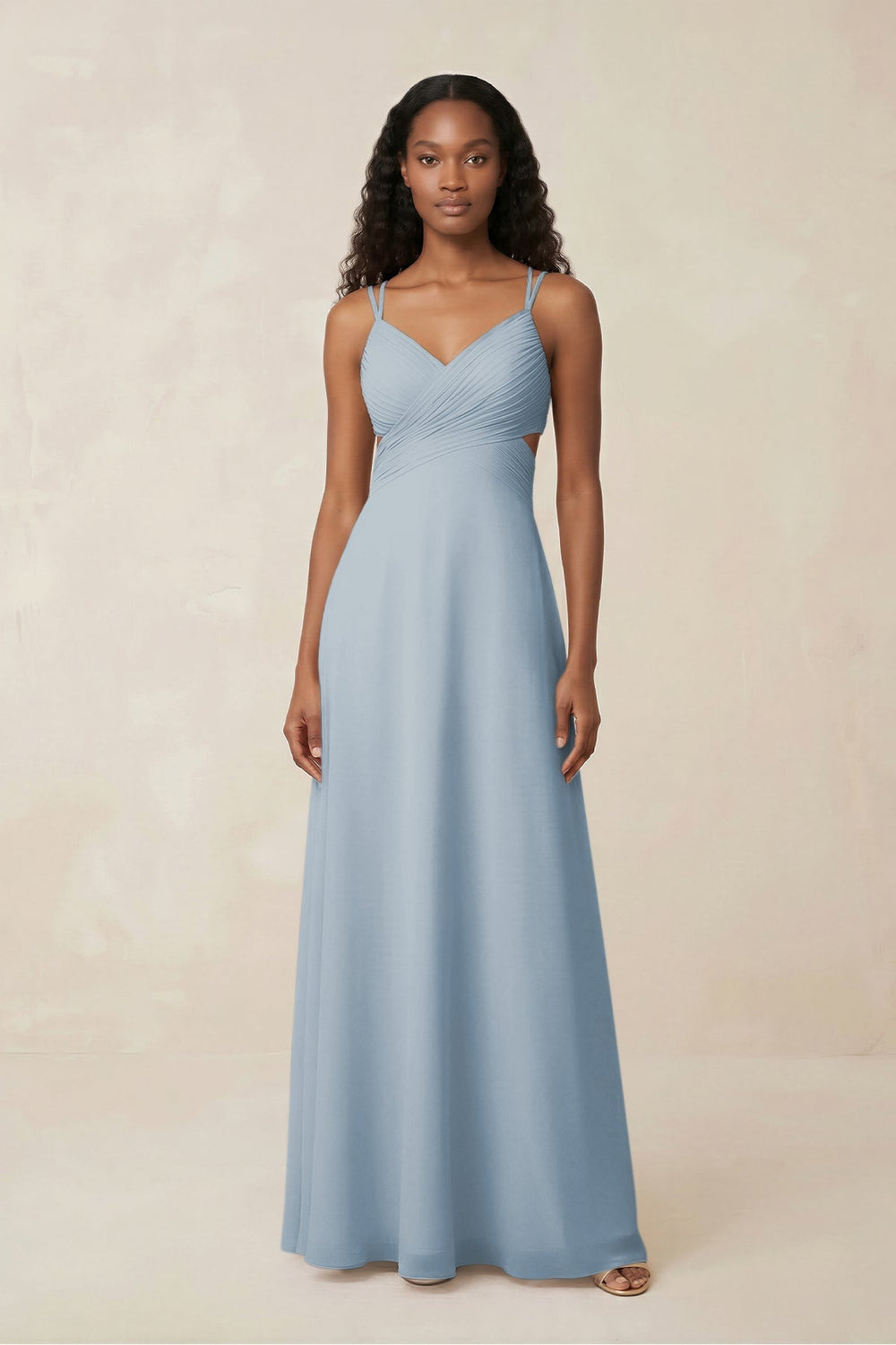 V - Neck Chiffon A - Line Cut - Out Bridesmaid Dress in Dusty Blue - KISS BRIDAL Bridesmaid Dresses