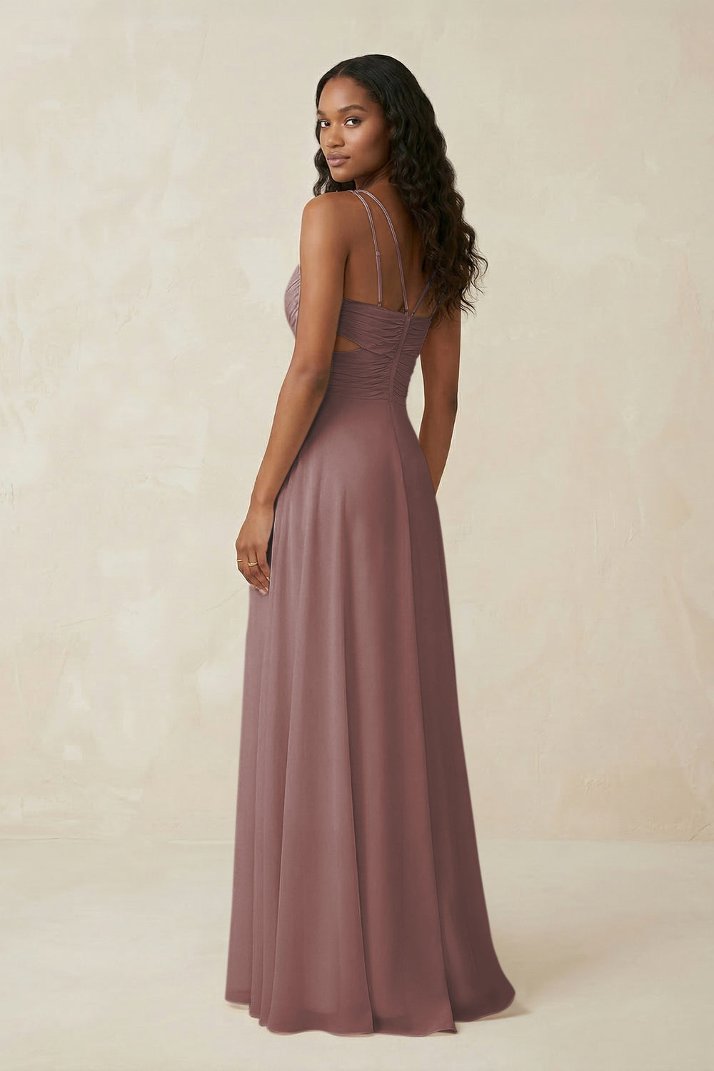 V-Neck Chiffon A-Line Cut-Out Bridesmaid Dress in Dusty Rose
