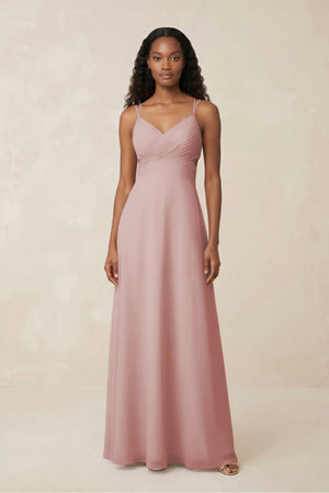 V - Neck Chiffon A - Line Cut - Out Bridesmaid Dress in Dusty Rose - SHE IS ME Bridesmaid Dresses
