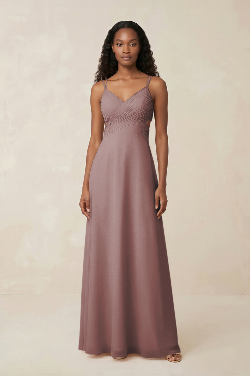 V-Neck Chiffon A-Line Cut-Out Bridesmaid Dress in Dusty Rose