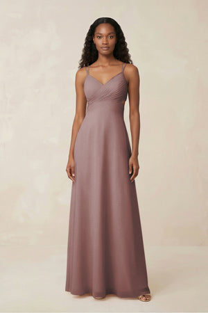 V-Neck Chiffon A-Line Cut-Out Bridesmaid Dress in Dusty Rose | KISSBRIDAL