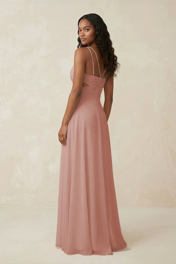 V-Neck Chiffon A-Line Cut-Out Bridesmaid Dress in English Rose (2) | KISSBRIDAL