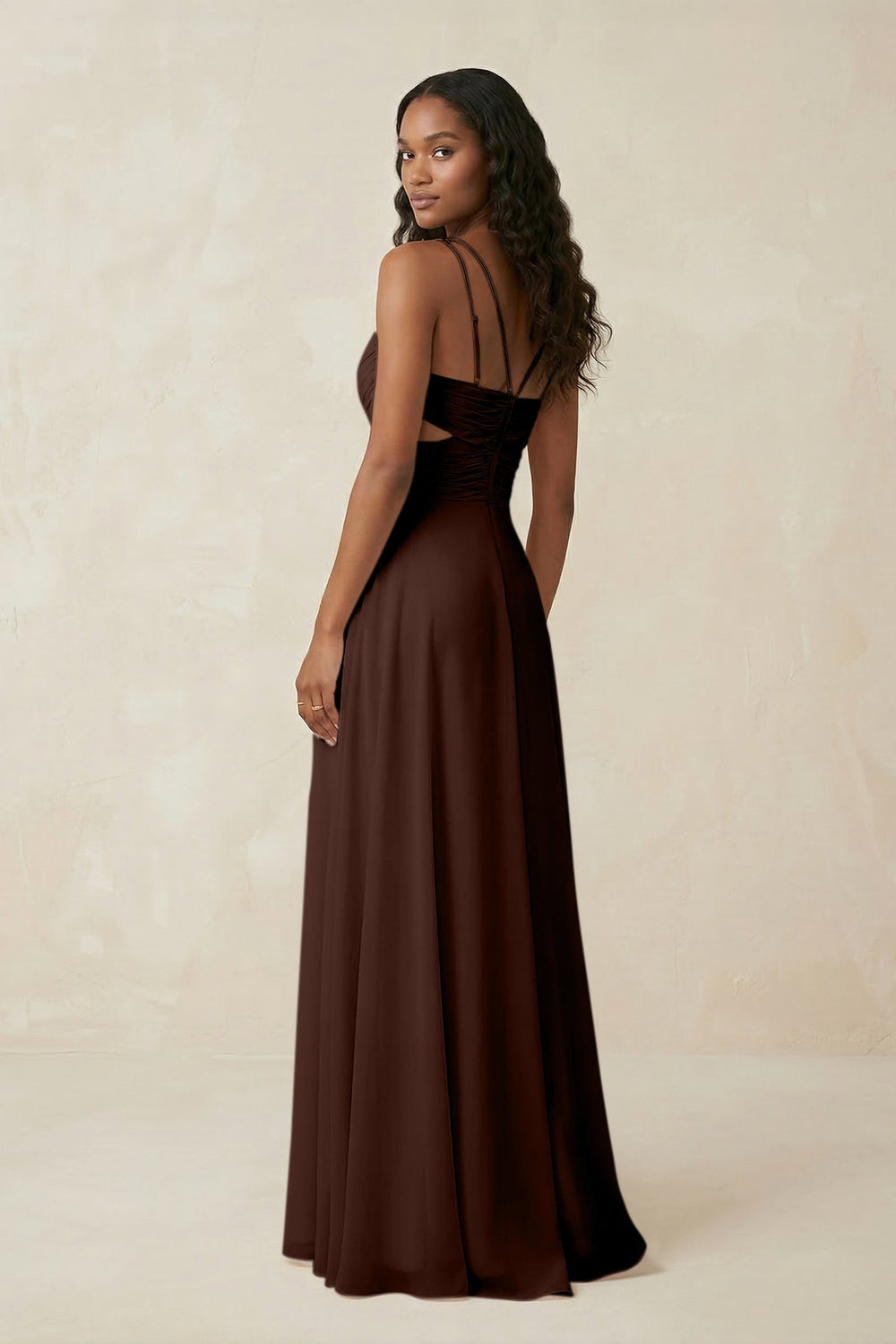 V - Neck Chiffon A - Line Cut - Out Bridesmaid Dress in Espresso - KISS BRIDAL Bridesmaid Dresses
