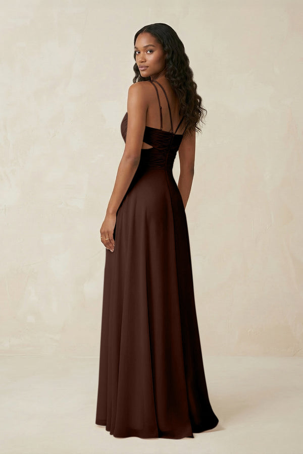 V - Neck Chiffon A - Line Cut - Out Bridesmaid Dress in Espresso - SHE IS ME Bridesmaid Dresses