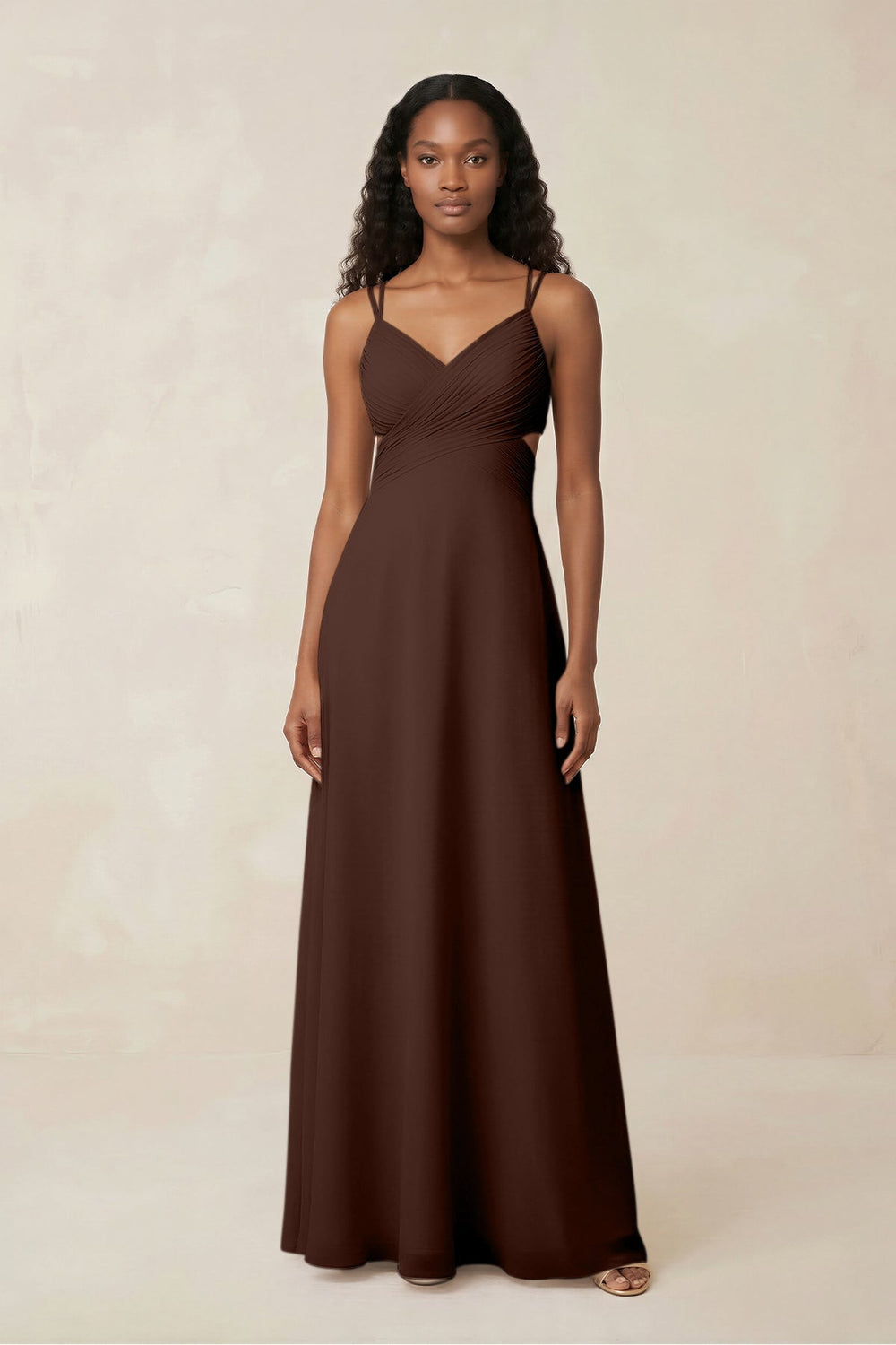 V - Neck Chiffon A - Line Cut - Out Bridesmaid Dress in Espresso - KISS BRIDAL Bridesmaid Dresses