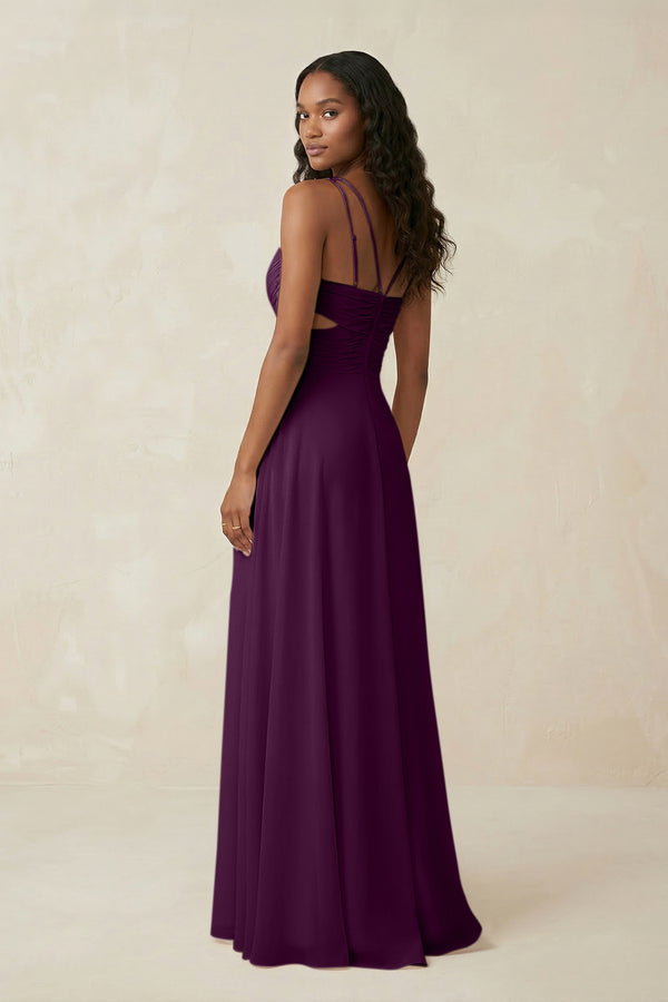 V-Neck Chiffon A-Line Cut-Out Bridesmaid Dress in Fig (2) | KISSBRIDAL