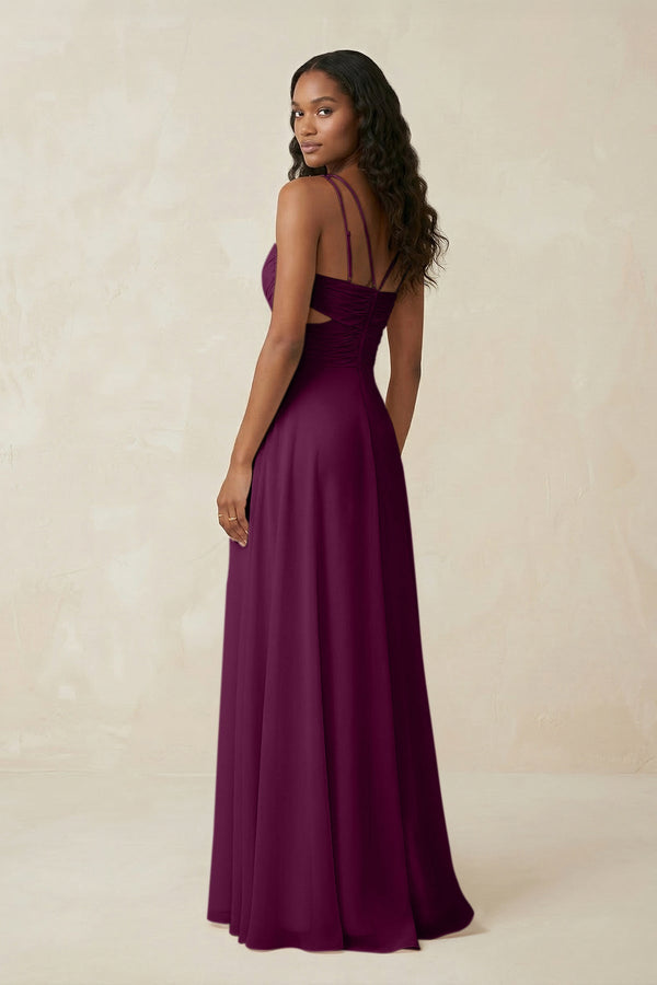 V - Neck Chiffon A - Line Cut - Out Bridesmaid Dress in Fig - SHE IS ME Bridesmaid Dresses