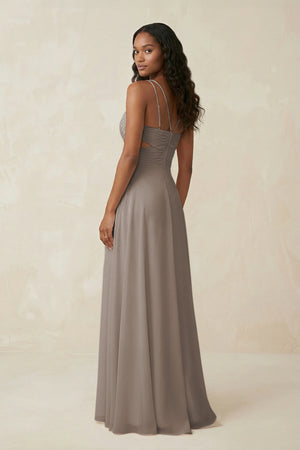 V-Neck Chiffon A-Line Cut-Out Bridesmaid Dress in Frost (2) | KISSBRIDAL