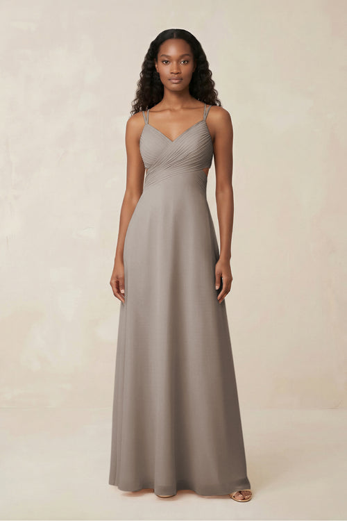 V-Neck Chiffon A-Line Cut-Out Bridesmaid Dress in Frost | KISSBRIDAL
