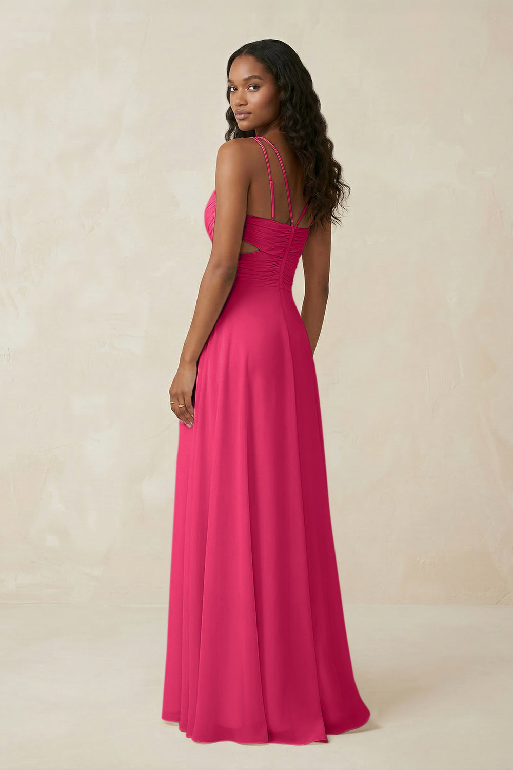 V-Neck Chiffon A-Line Cut-Out Bridesmaid Dress in Fuchsia