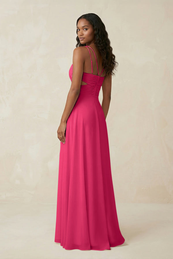 V-Neck Chiffon A-Line Cut-Out Bridesmaid Dress in Fuchsia (2) | KISSBRIDAL