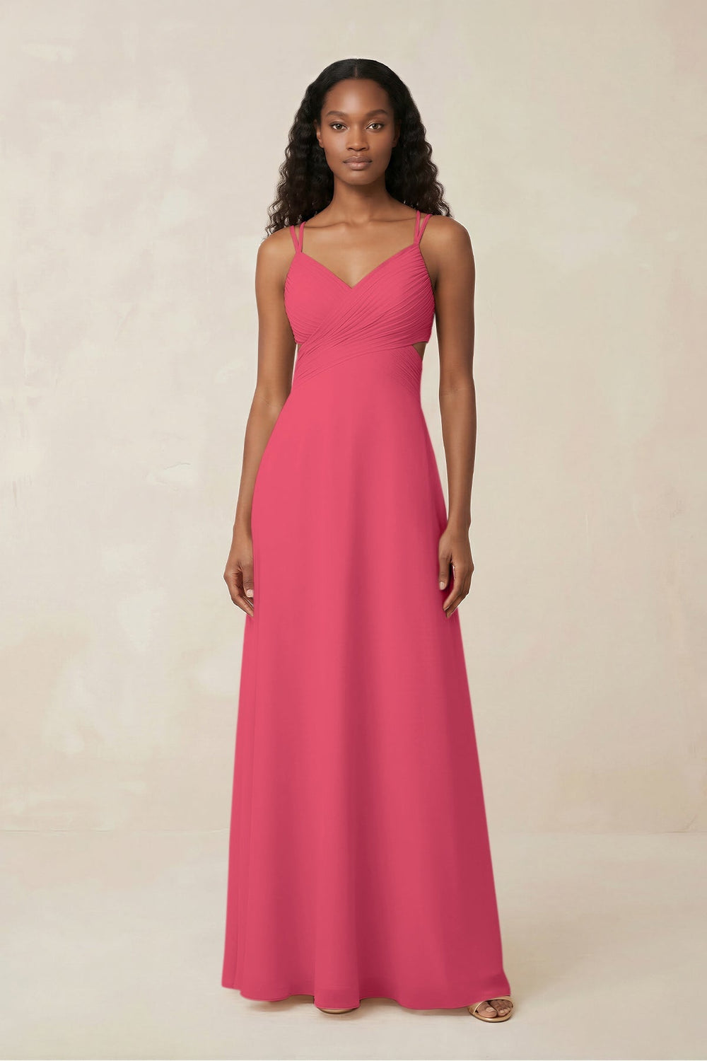 V - Neck Chiffon A - Line Cut - Out Bridesmaid Dress in Fuchsia - KISS BRIDAL Bridesmaid Dresses
