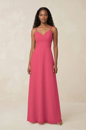 V - Neck Chiffon A - Line Cut - Out Bridesmaid Dress in Fuchsia - SHE IS ME Bridesmaid Dresses