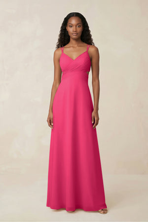 V-Neck Chiffon A-Line Cut-Out Bridesmaid Dress in Fuchsia | KISSBRIDAL