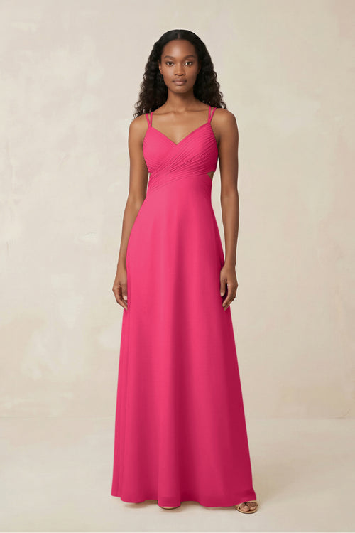 V-Neck Chiffon A-Line Cut-Out Bridesmaid Dress in Fuchsia | KISSBRIDAL