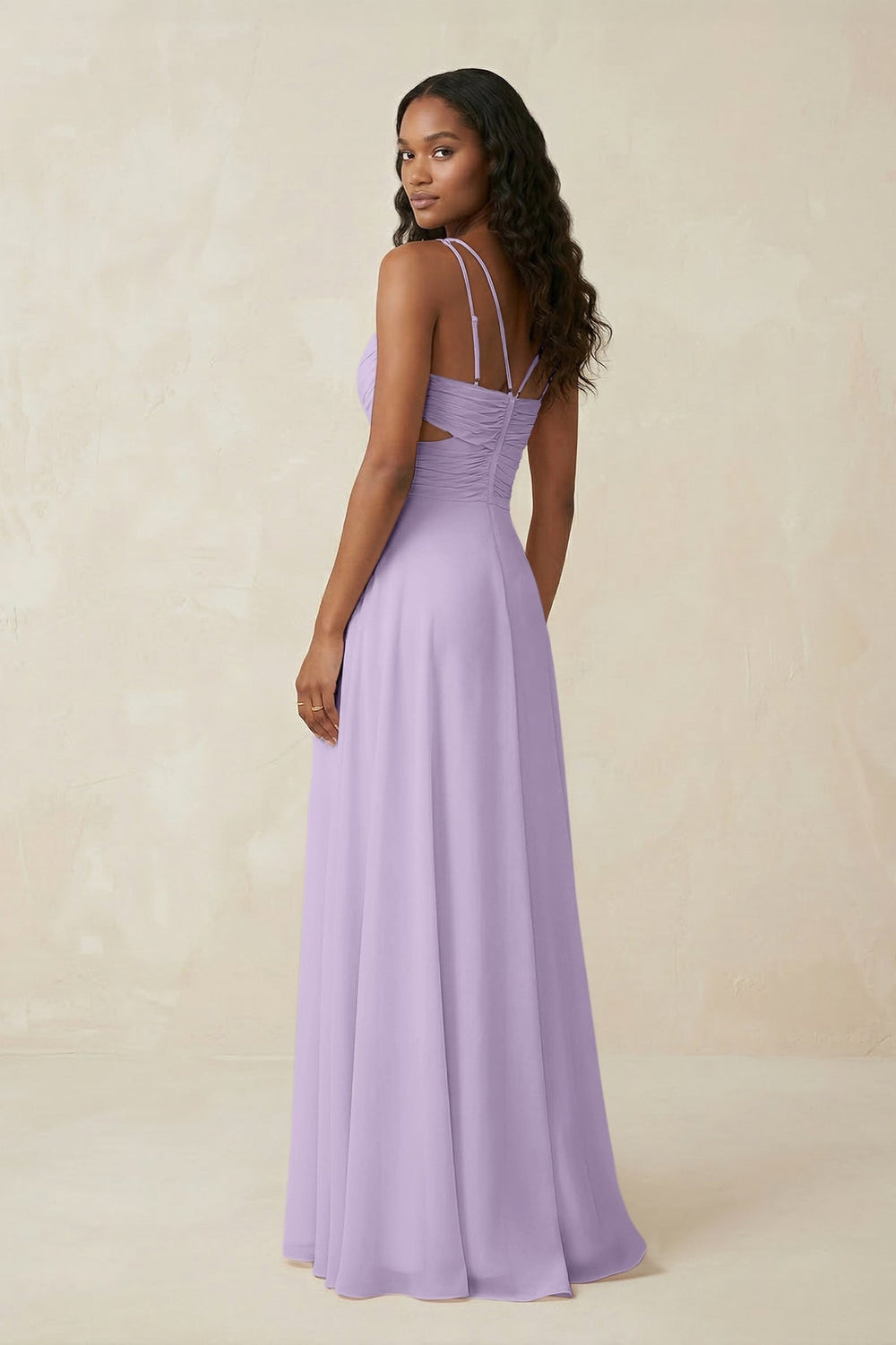 V - Neck Chiffon A - Line Cut - Out Bridesmaid Dress in Lavender - KISS BRIDAL Bridesmaid Dresses