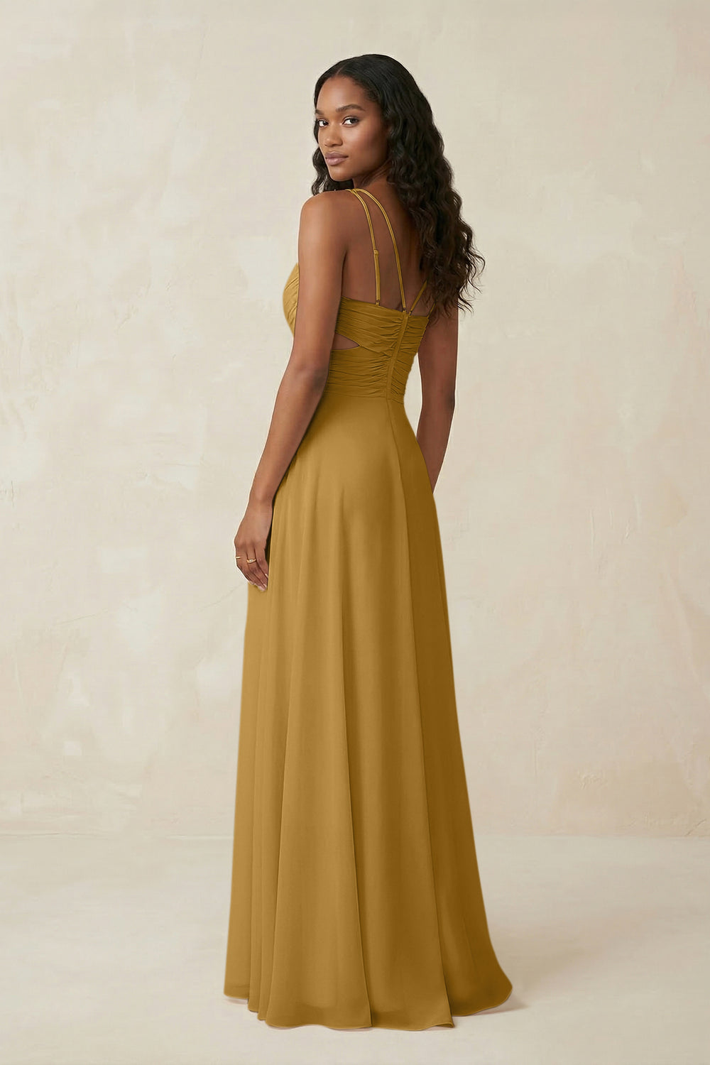 V-Neck Chiffon A-Line Cut-Out Bridesmaid Dress in Marigold