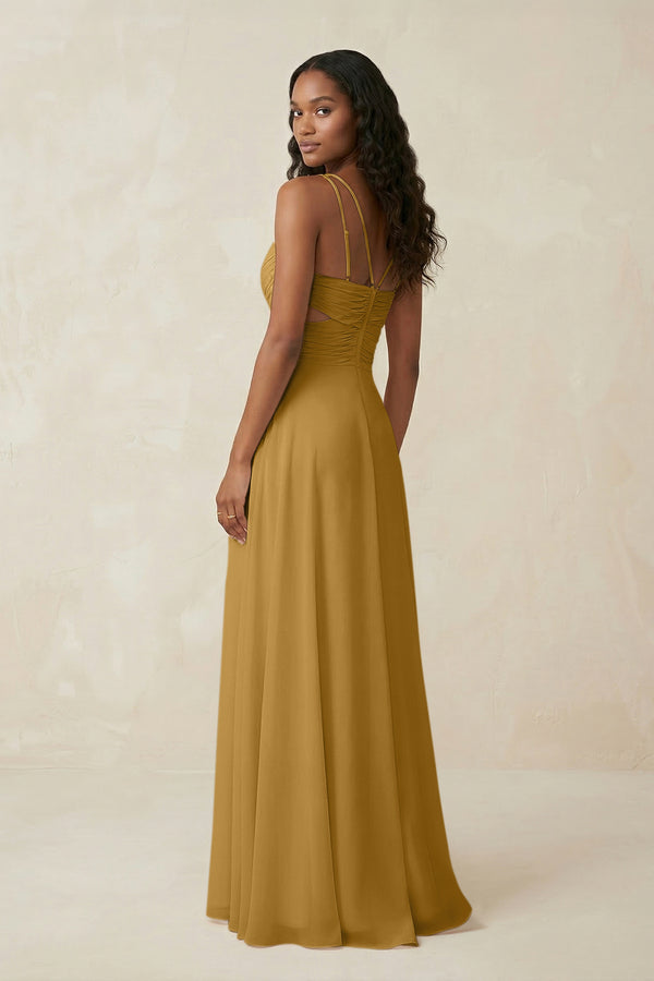 V-Neck Chiffon A-Line Cut-Out Bridesmaid Dress in Marigold (2) | KISSBRIDAL