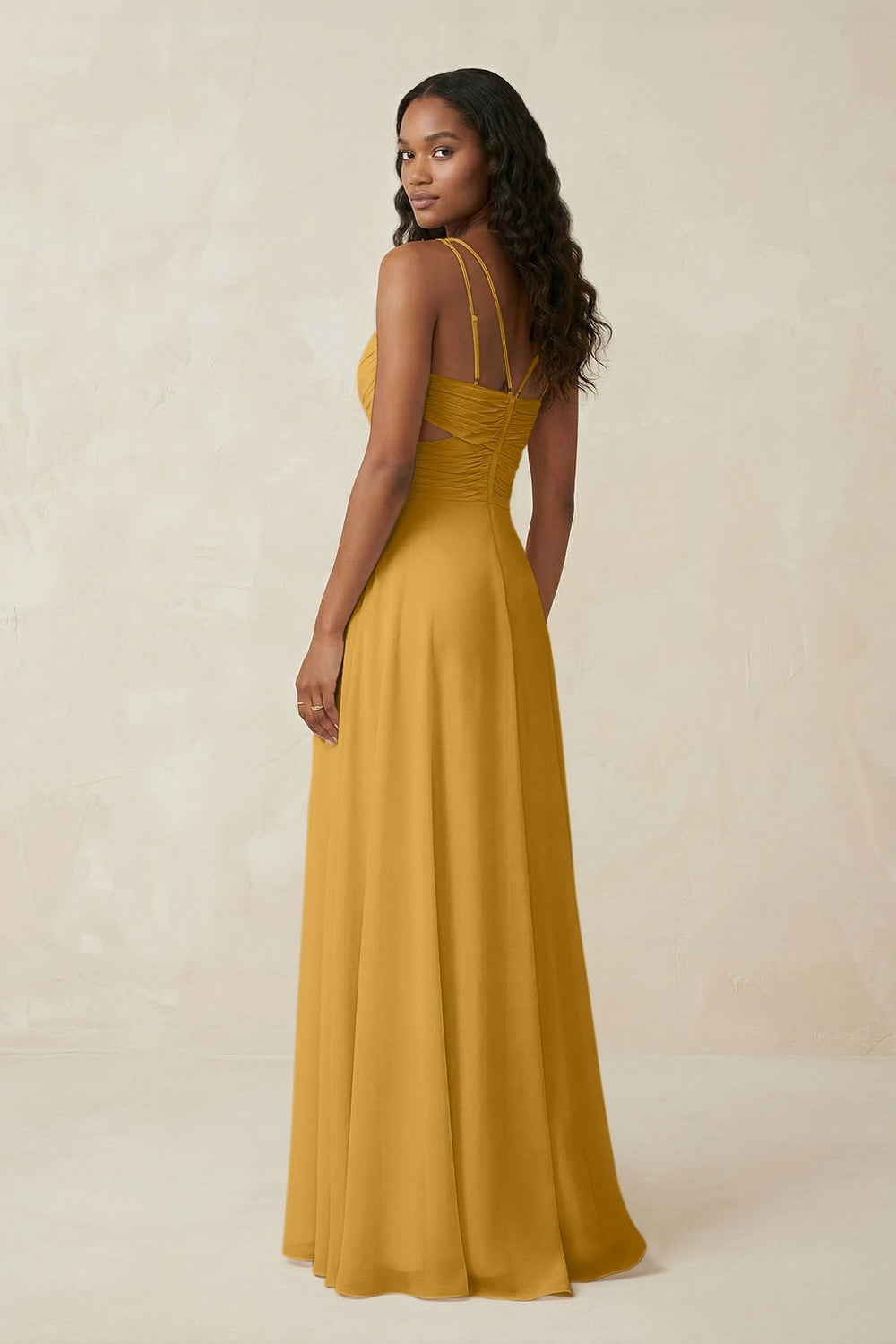 V - Neck Chiffon A - Line Cut - Out Bridesmaid Dress in Marigold - KISS BRIDAL Bridesmaid Dresses