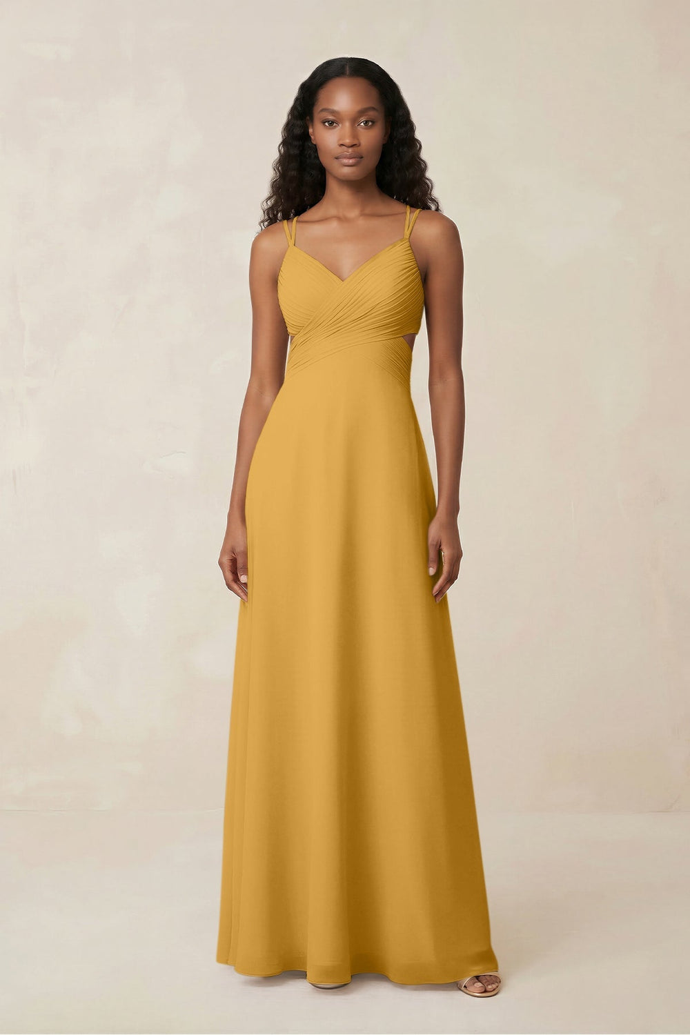 V - Neck Chiffon A - Line Cut - Out Bridesmaid Dress in Marigold - KISS BRIDAL Bridesmaid Dresses