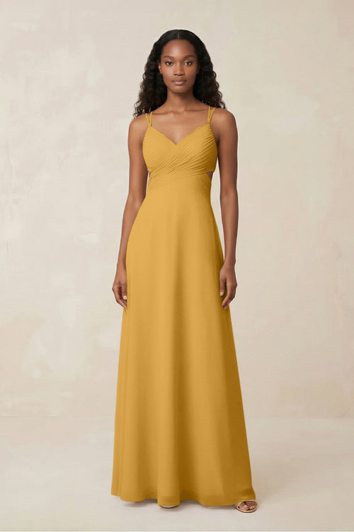 V - Neck Chiffon A - Line Cut - Out Bridesmaid Dress in Marigold - SHE IS ME Bridesmaid Dresses