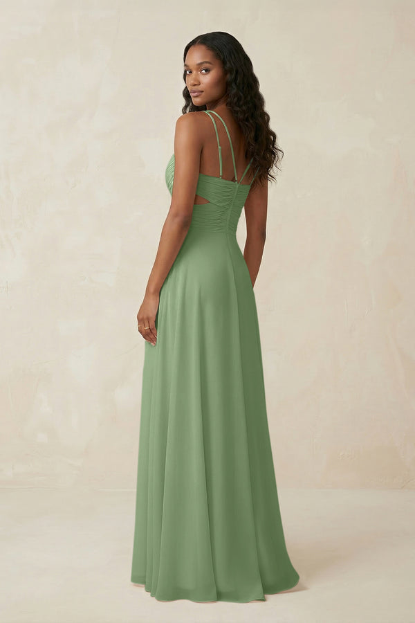 V-Neck Chiffon A-Line Cut-Out Bridesmaid Dress in Matcha (2) | KISSBRIDAL
