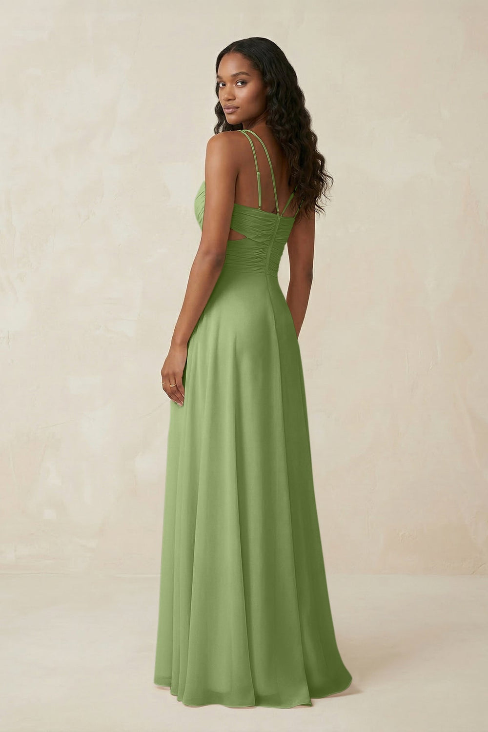 V - Neck Chiffon A - Line Cut - Out Bridesmaid Dress in Matcha - KISS BRIDAL Bridesmaid Dresses