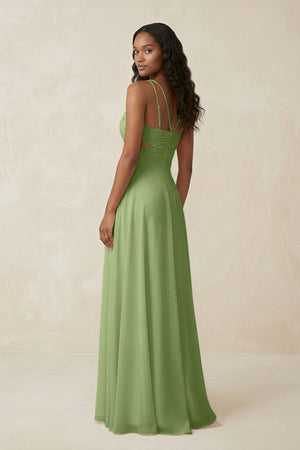 V - Neck Chiffon A - Line Cut - Out Bridesmaid Dress in Matcha - SHE IS ME Bridesmaid Dresses
