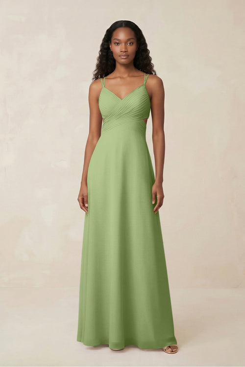 V - Neck Chiffon A - Line Cut - Out Bridesmaid Dress in Matcha - SHE IS ME Bridesmaid Dresses