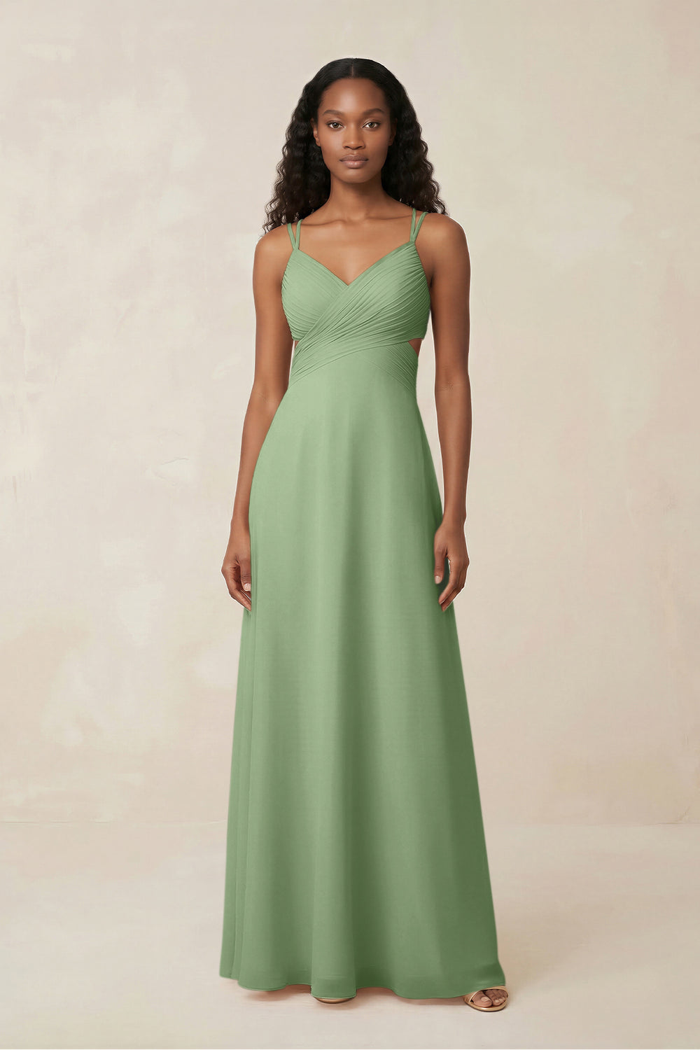 V-Neck Chiffon A-Line Cut-Out Bridesmaid Dress in Matcha