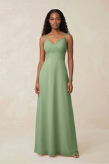 V-Neck Chiffon A-Line Cut-Out Bridesmaid Dress in Matcha | KISSBRIDAL