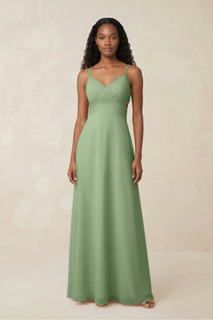 V-Neck Chiffon A-Line Cut-Out Bridesmaid Dress in Matcha | KISSBRIDAL
