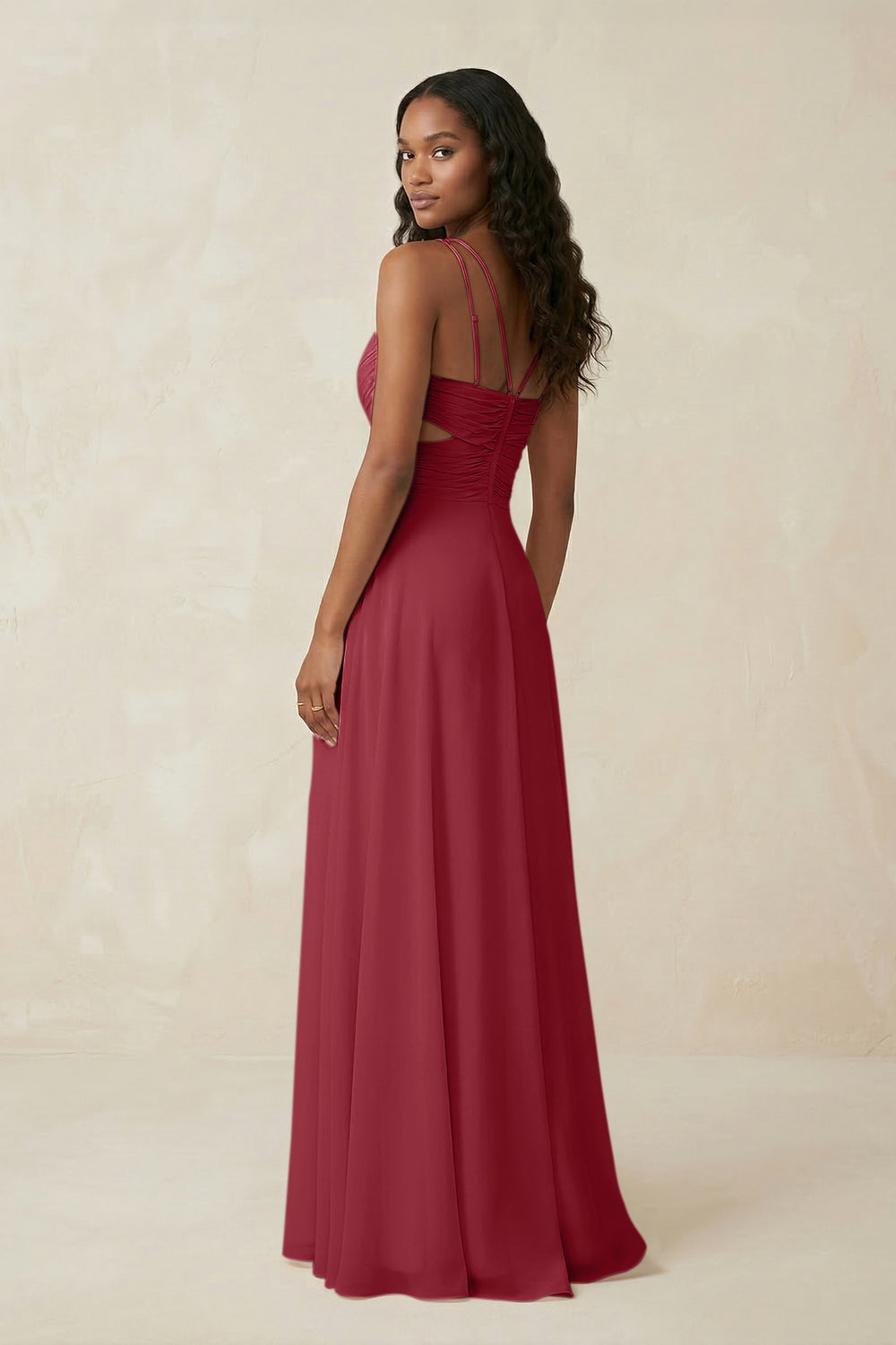 V-Neck Chiffon A-Line Cut-Out Bridesmaid Dress in Merlot
