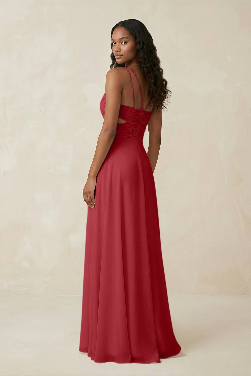 V - Neck Chiffon A - Line Cut - Out Bridesmaid Dress in Merlot - KISS BRIDAL Bridesmaid Dresses