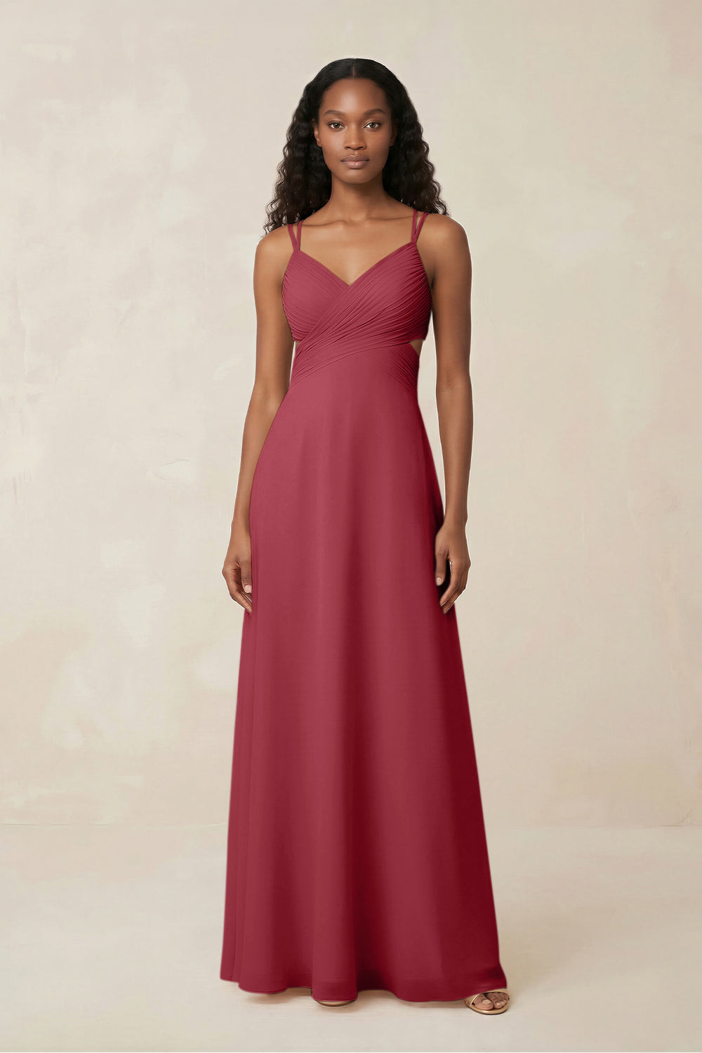 V-Neck Chiffon A-Line Cut-Out Bridesmaid Dress in Merlot