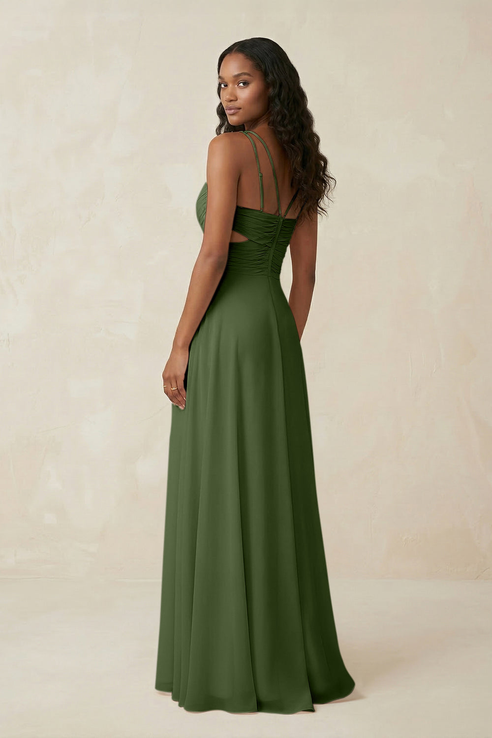 V-Neck Chiffon A-Line Cut-Out Bridesmaid Dress in Moss