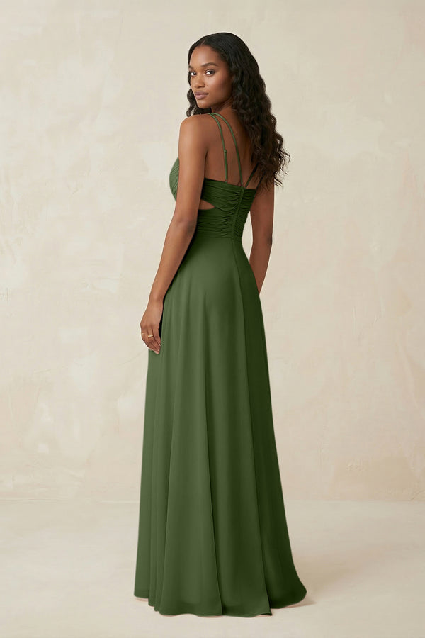 V-Neck Chiffon A-Line Cut-Out Bridesmaid Dress in Moss (2) | KISSBRIDAL