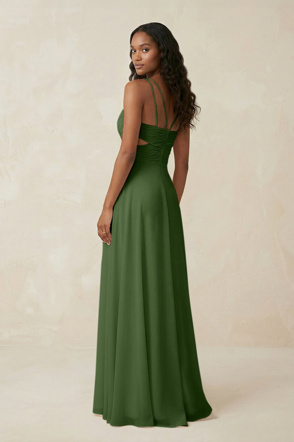 V - Neck Chiffon A - Line Cut - Out Bridesmaid Dress in Moss - KISS BRIDAL Bridesmaid Dresses