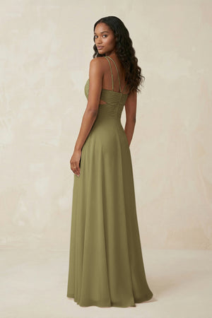 V-Neck Chiffon A-Line Cut-Out Bridesmaid Dress in Moss Green (2) | KISSBRIDAL