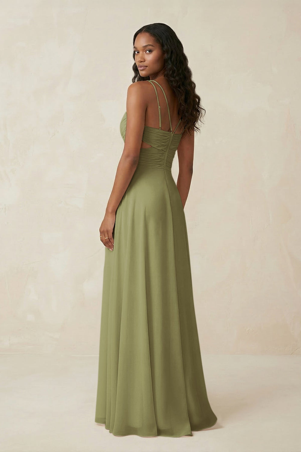 V - Neck Chiffon A - Line Cut - Out Bridesmaid Dress in Moss Green - KISS BRIDAL Bridesmaid Dresses
