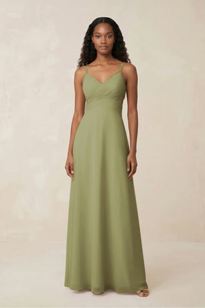 V - Neck Chiffon A - Line Cut - Out Bridesmaid Dress in Moss Green - SHE IS ME Bridesmaid Dresses