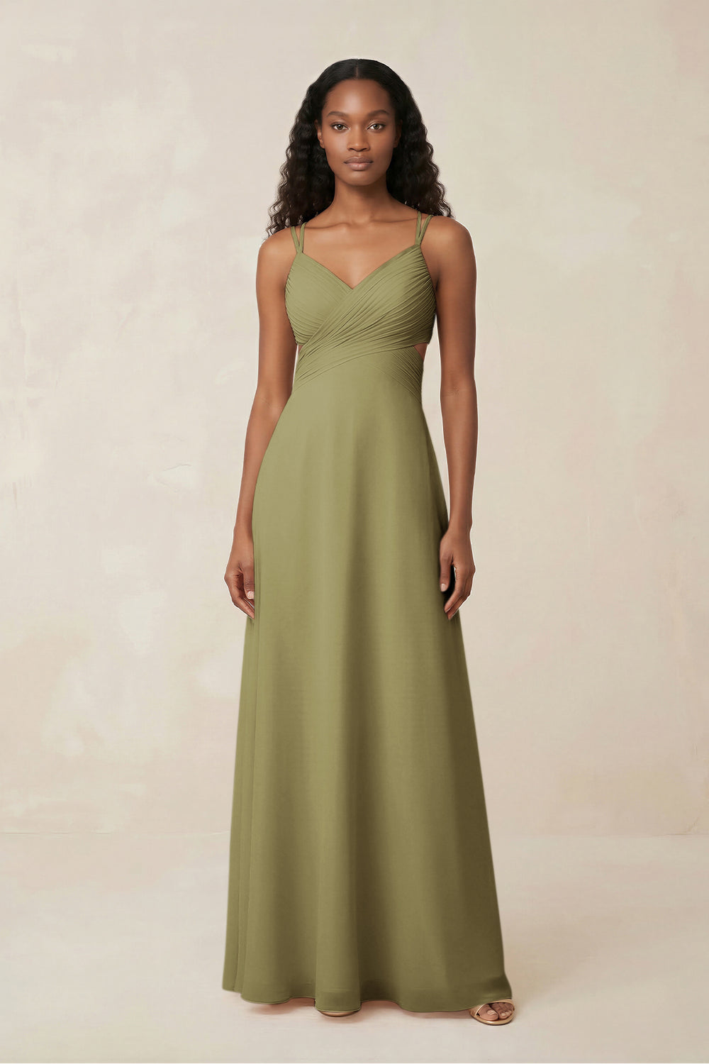 V-Neck Chiffon A-Line Cut-Out Bridesmaid Dress in Moss Green