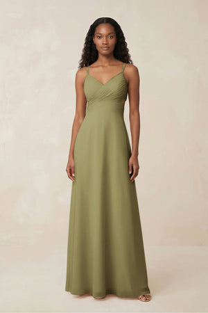 V-Neck Chiffon A-Line Cut-Out Bridesmaid Dress in Moss Green | KISSBRIDAL