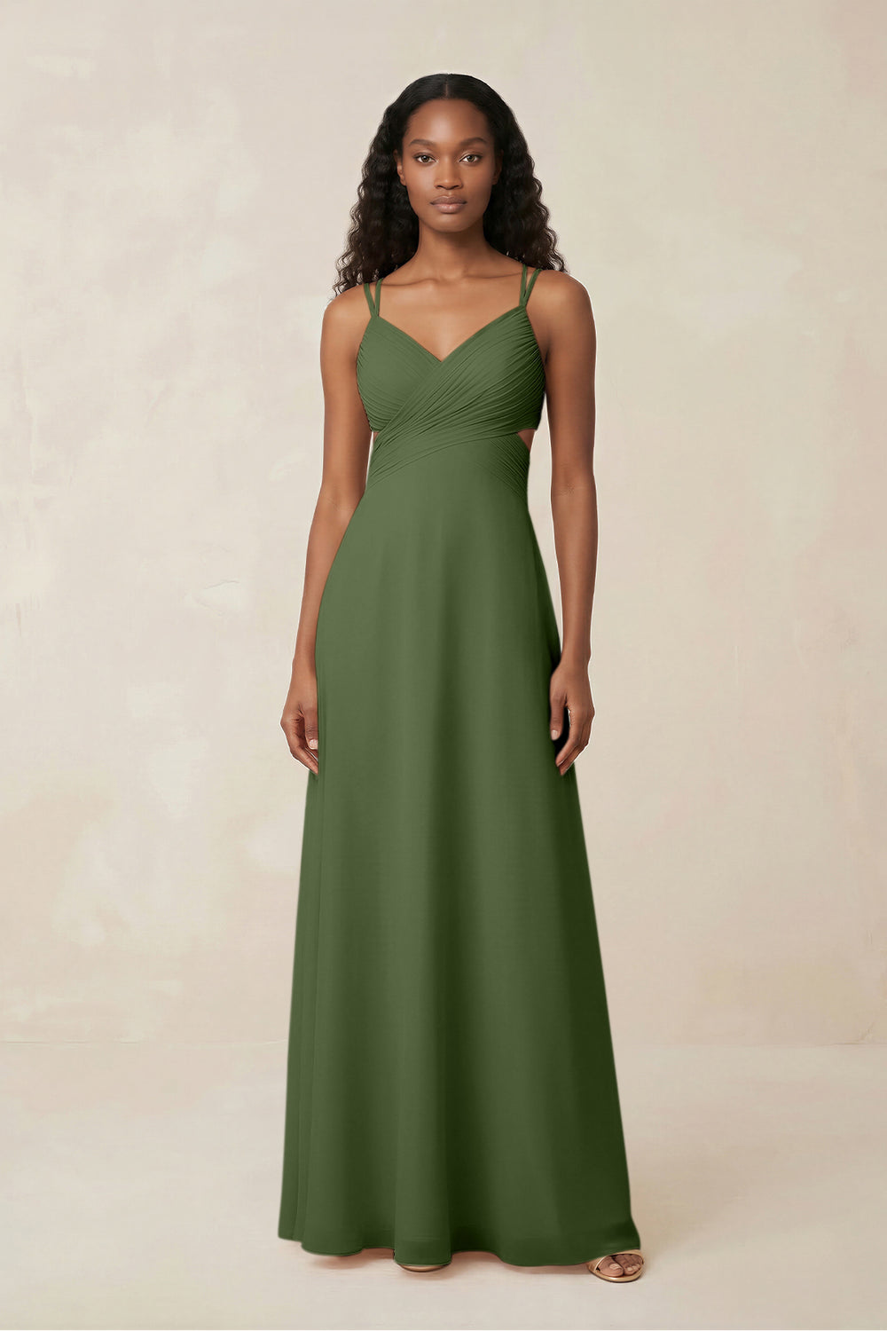 V-Neck Chiffon A-Line Cut-Out Bridesmaid Dress in Moss