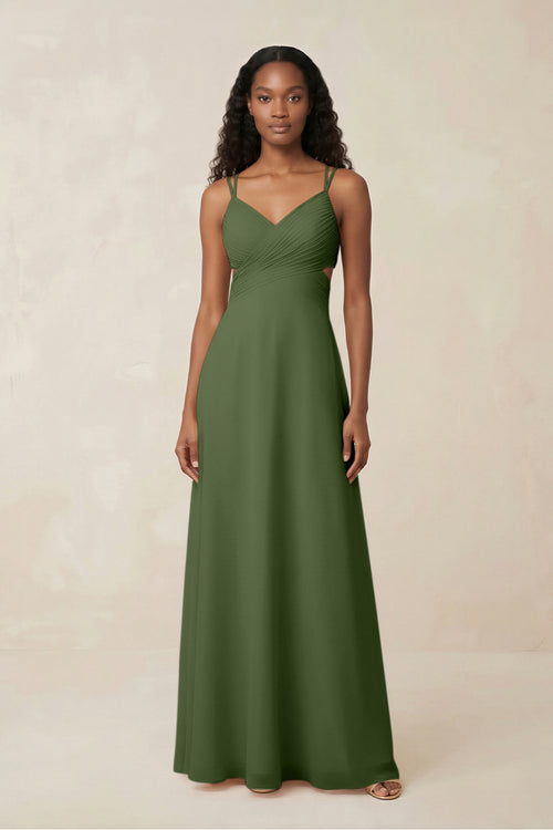 V-Neck Chiffon A-Line Cut-Out Bridesmaid Dress in Moss | KISSBRIDAL