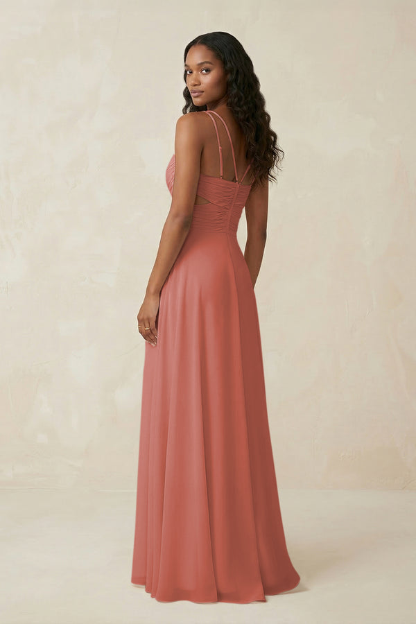 V-Neck Chiffon A-Line Cut-Out Bridesmaid Dress in Mulberry (2) | KISSBRIDAL